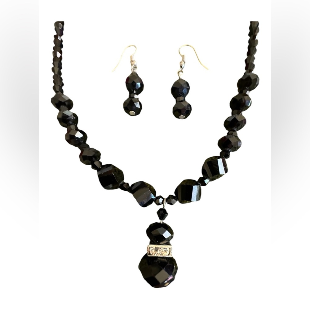 Vintage Black Beaded Necklace and Earrings
